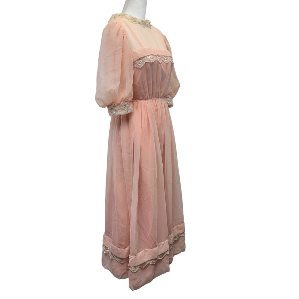 Vintage Peach Chiffon Lace Midi Dress Size XS Puff Sleeve Regency Core Pink Gown - Picture 4 of 6